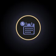 Icono de un calendario azul con un círculo amarillo y un reloj