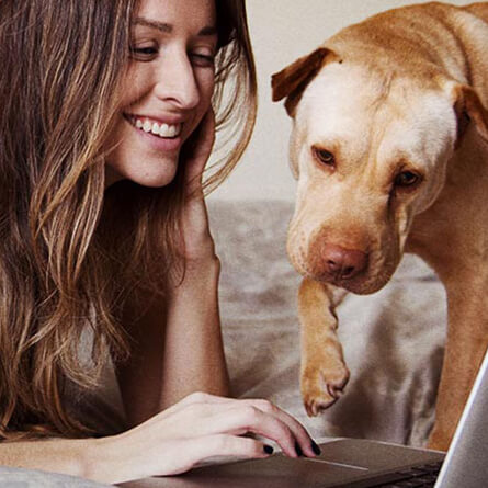 mujer y perro mirando el ordenador