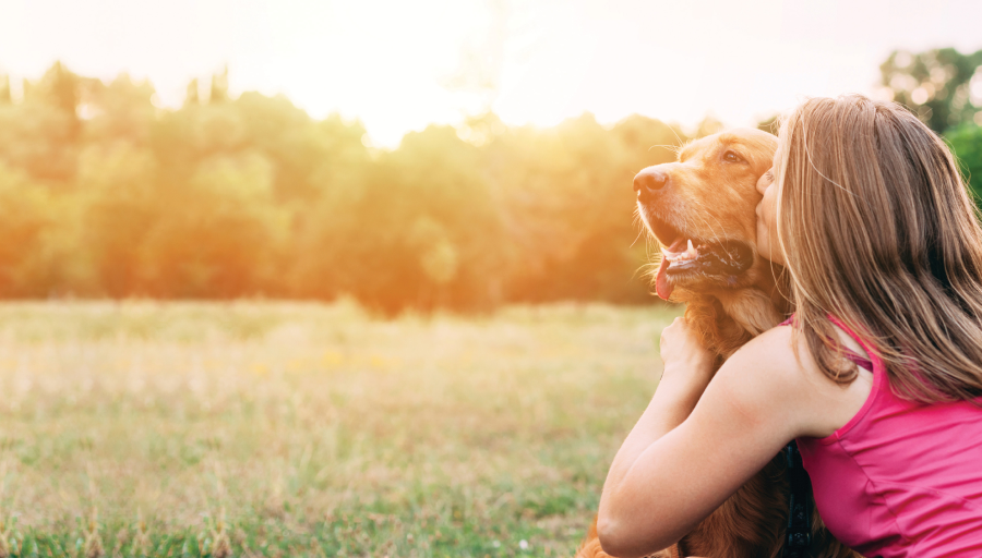 Mujer abrazando a un perro en el campo