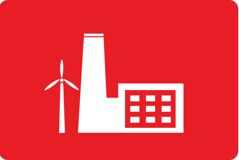 logotipo con fábrica blanca sobre fondo rojo