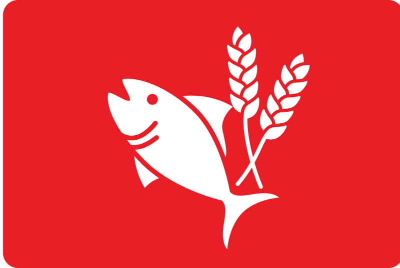 Logotipo de sostenibilidad de Purina con granos blancos y pescado sobre fondo rojo