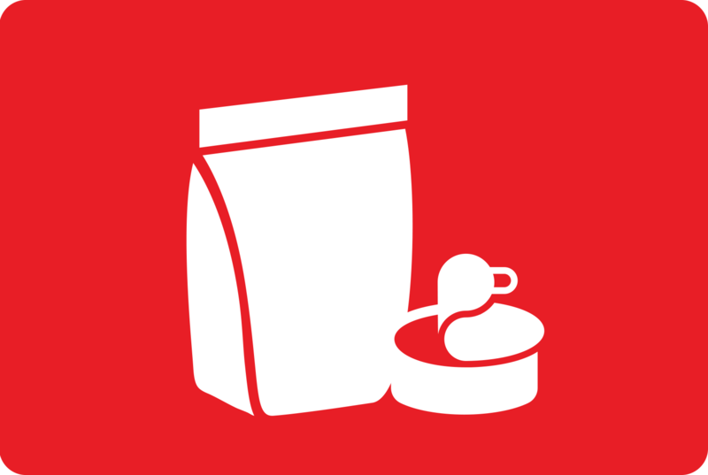 logotipo con envase blanco de comida para mascotas sobre fondo rojo