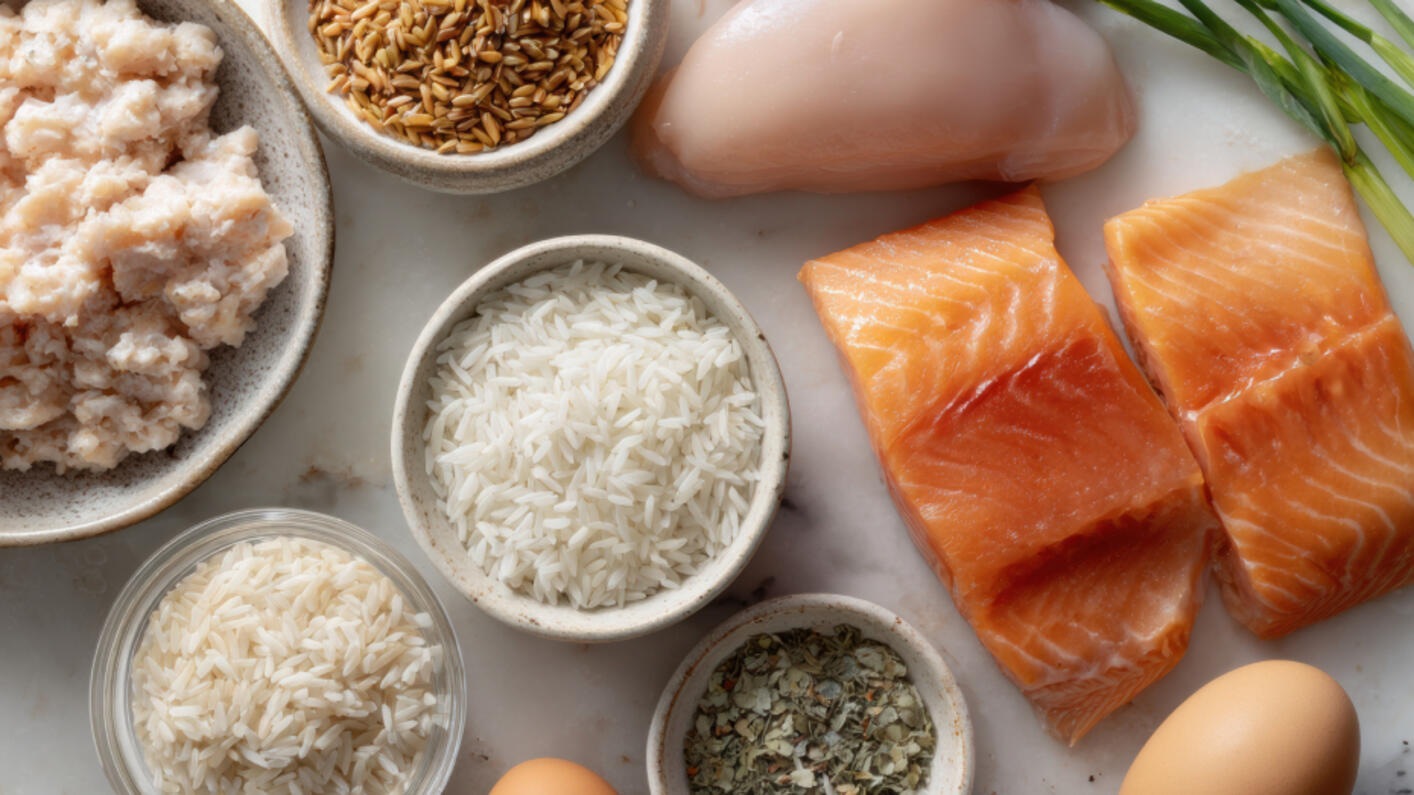 Ingredientes para preparar comida casera para gatos, como pollo, salmón, arroz y huevos.