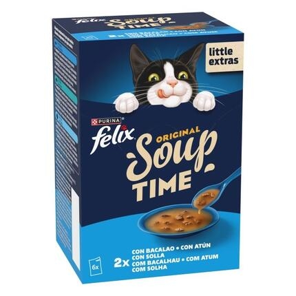 Caja de comida para gatos Felix Soup Time azul con ilustración de gato, tazón de sopa y texto en varios idiomas.