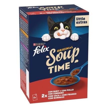 Pack de 6 sobres Purina Felix Soup Time para gatos: sabores buey, pollo y cordero. Incluye imagen de gato y plato de sopa.