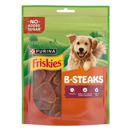 Bolsa de premios Purina Friskies B-Steaks para perro con forma de filetes, sin azúcar añadido y bajos en grasa.