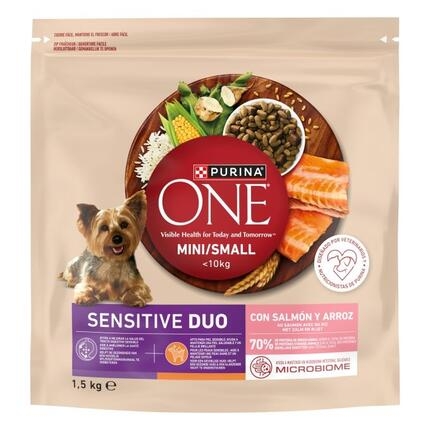 Vista frontal del envase Purina ONE Mini/Small Sensitive Duo con salmón y arroz.