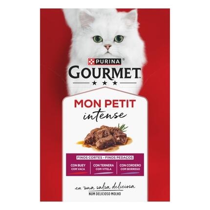 Pack Purina Gourmet Mon Petit Intense con buey, ternera y cordero en salsa deliciosa.