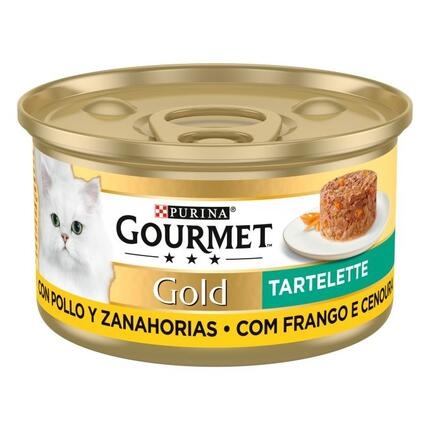 Lata Purina Gourmet Gold Tartelette con pollo y zanahorias, 85 g, vista lateral.