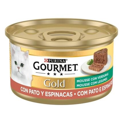 Lata Gourmet Gold Mousse con pato y espinacas, vista lateral con imagen de la receta.