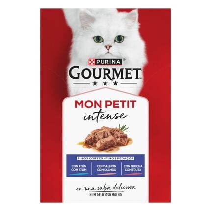 Pack Purina Gourmet Mon Petit Intense con atún, salmón y trucha en salsa.