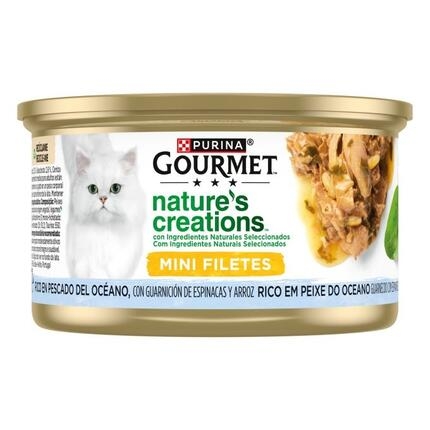 Lata Gourmet Nature's Creations Mini Filetes rico en pescado del océano con espinacas y arroz.