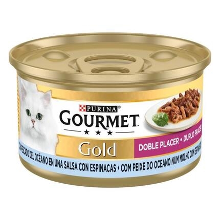 Lata Purina Gourmet Gold Doble Placer con pescado del océano y espinacas, vista lateral.