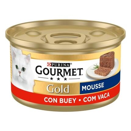 Lata Gourmet Gold Mousse con buey 85 g, vista lateral con imagen de la receta.