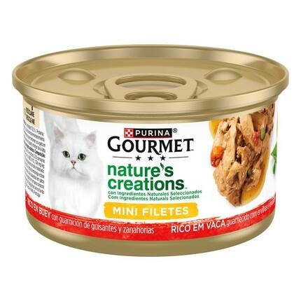Lata Purina Gourmet Nature's Creations Mini Filetes rico en buey, vista lateral.