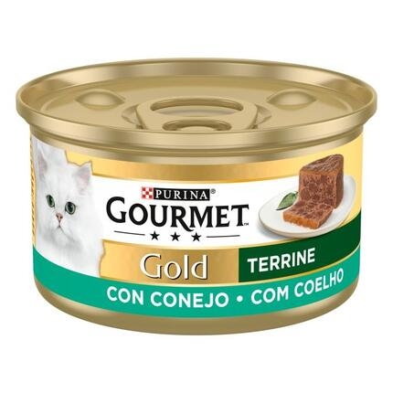 Lata Purina Gourmet Gold Terrine con conejo, vista lateral con imagen de la receta.