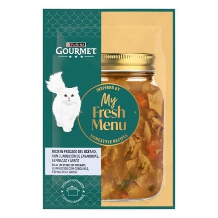 Envase Gourmet My Fresh Menu rico en pescado del océano con tarro de receta y gato blanco.