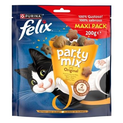 Pack Felix Party Mix Original Maxi Pack 200 g con gato y snacks sabor pollo, hígado y pavo.