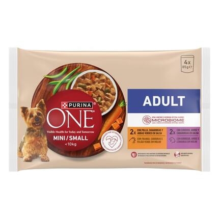 Pack Purina One Mini/Small Adult 4 x 85 g con recetas de pollo y cordero en salsa.