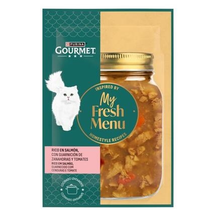 Envase Gourmet My Fresh Menu rico en salmón con zanahorias y tomates, con tarro de receta casera.