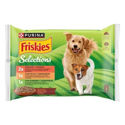 Pack Purina Friskies Selections 4 x 85 g en salsa, con dos perros y variedades de sabores.