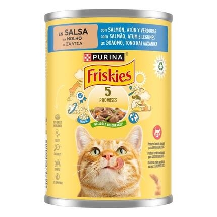 Lata Purina Friskies 5 Promises en salsa con salmón, atún y verduras.