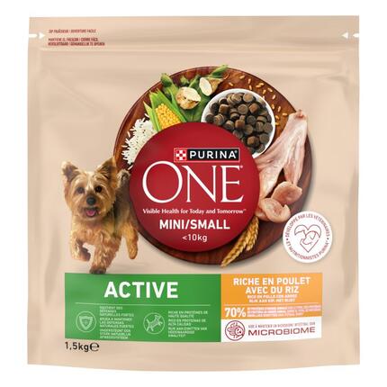 Purina ONE Mini/Small Active rico en pollo con arroz, saco de 1,5 kg