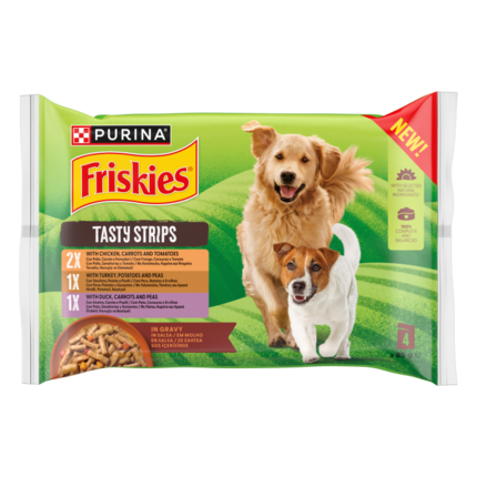 Pack Purina Friskies Tasty Strips en salsa para perros adultos, con cuatro sobres de diferentes recetas.