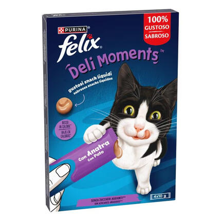 Envase de FELIX Deli Moments con pato, snack líquido para gatos, con 4 sobres de 10 g.