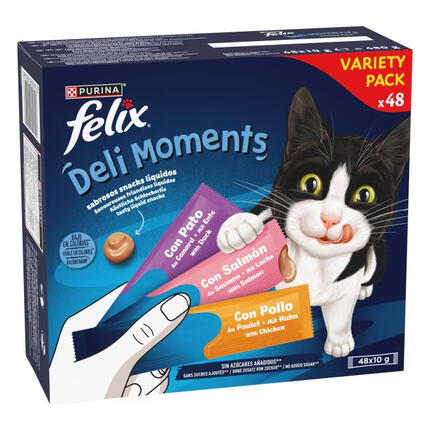 Multipack FELIX Deli Moments con pollo, salmón y pato, snacks líquidos para gatos en 48 sobres de 10 g.