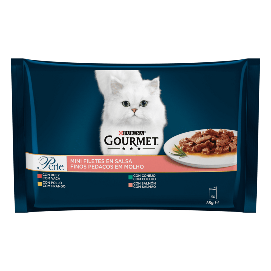 PURINA® GOURMET® PERLE Finas Láminas en Salsa con Buey, Pollo, Conejo, Salmón Vista Frontal