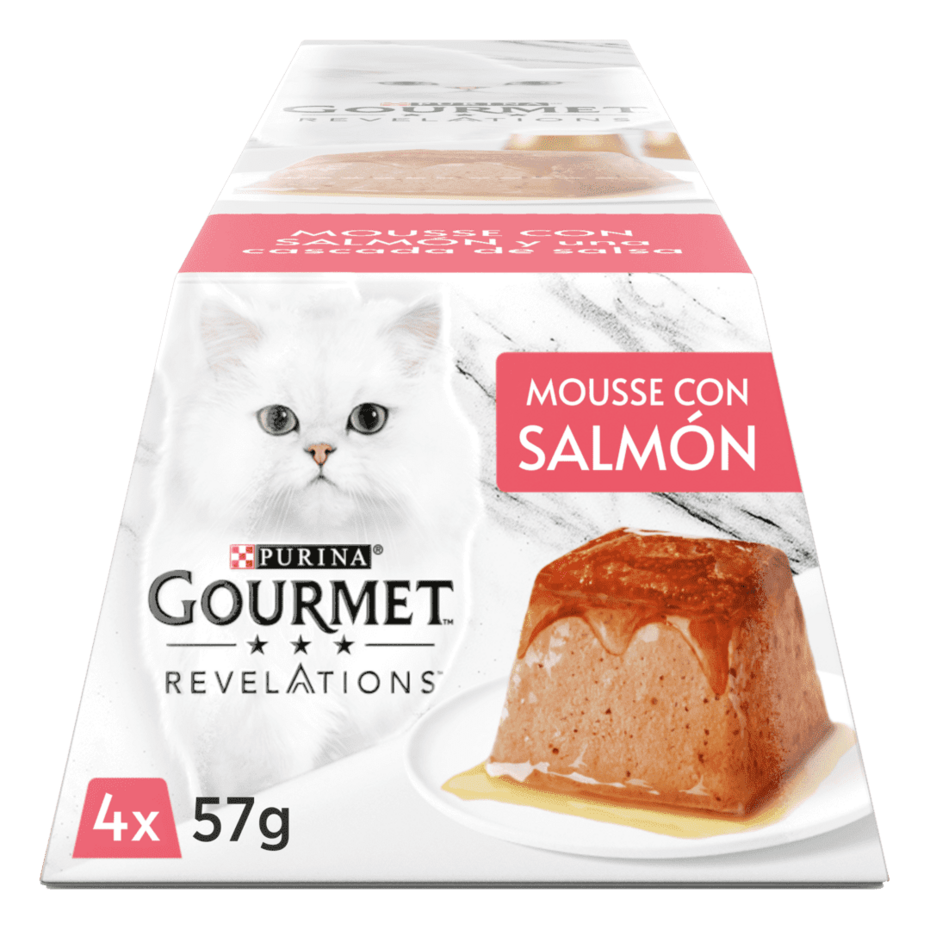PURINA® GOURMET™ REVELATIONS™ Pirámide de Mousse, con Salmón y cascada de Salsa Vista Frontal