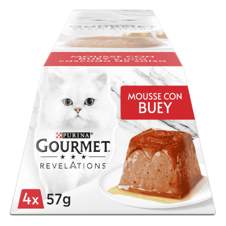 PURINA® GOURMET™ REVELATIONS™ Pirámide de Mousse, con Buey y cascada de Salsa Vista Frontal