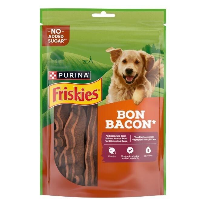 Bolsa de premios para perro Purina Friskies Bon Bacon de 120g. Empaque verde con imagen de un perro y snacks tipo tocino.
