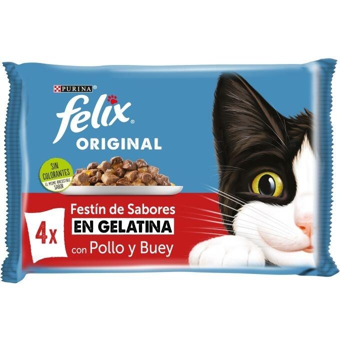 Paquete azul de comida para gatos Purina Felix Original. Incluye imagen de gato blanco y negro y texto "con Pollo y Buey".