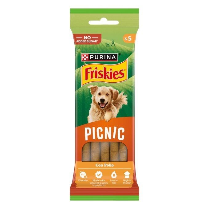 Paquete de premios para perros Purina Friskies Picnic con pollo. Imagen de un Golden Retriever en campo verde. x5 unidades.