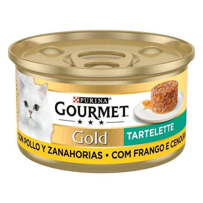 Lata Purina Gourmet Gold Tartelette con pollo y zanahorias, 85 g, vista lateral.