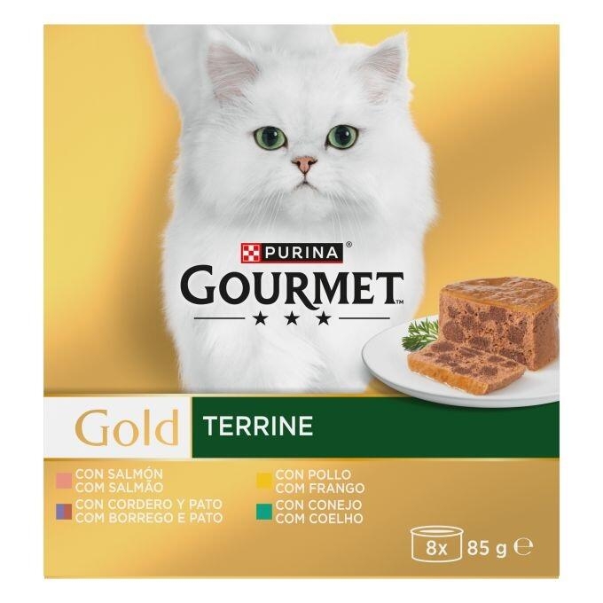Pack Purina Gourmet Gold Terrine 8 x 85 g con gato blanco y cuatro variedades.