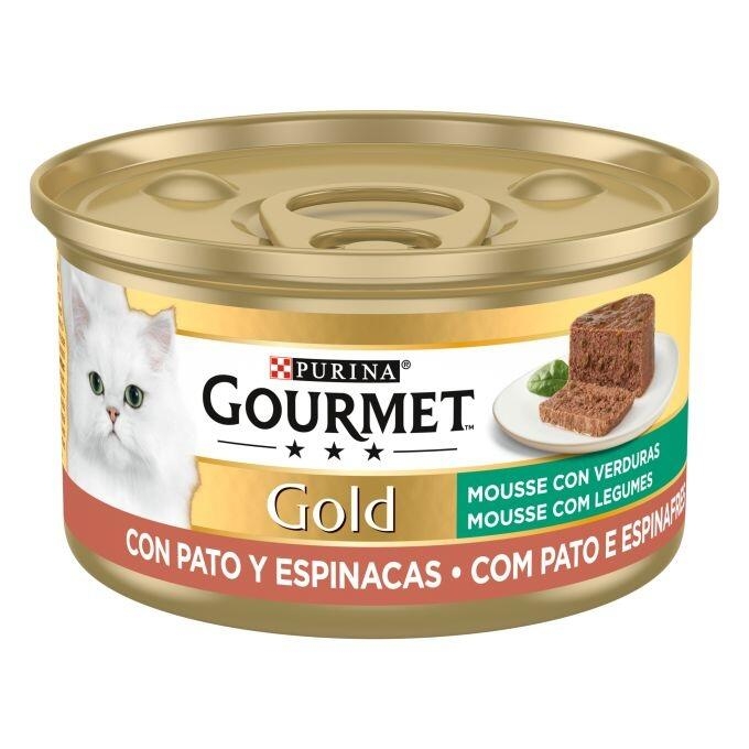 Lata Gourmet Gold Mousse con pato y espinacas, vista lateral con imagen de la receta.
