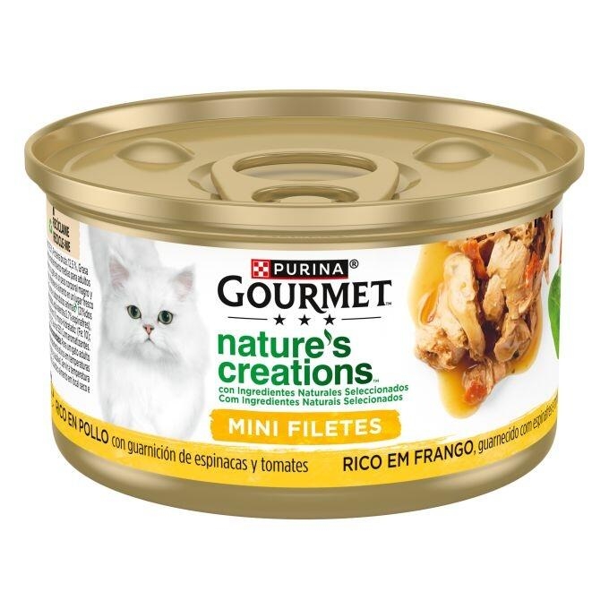 Lata Gourmet Nature's Creations Mini Filetes rico en pollo con espinacas y tomates.