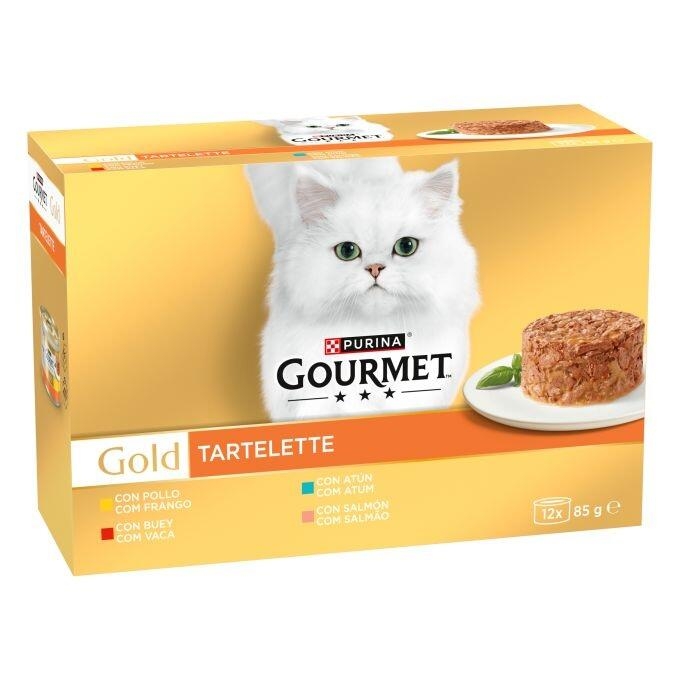 Caja Purina Gourmet Gold Tartelette 12 x 85 g con gato blanco y variedades de pollo, buey, atún y salmón.