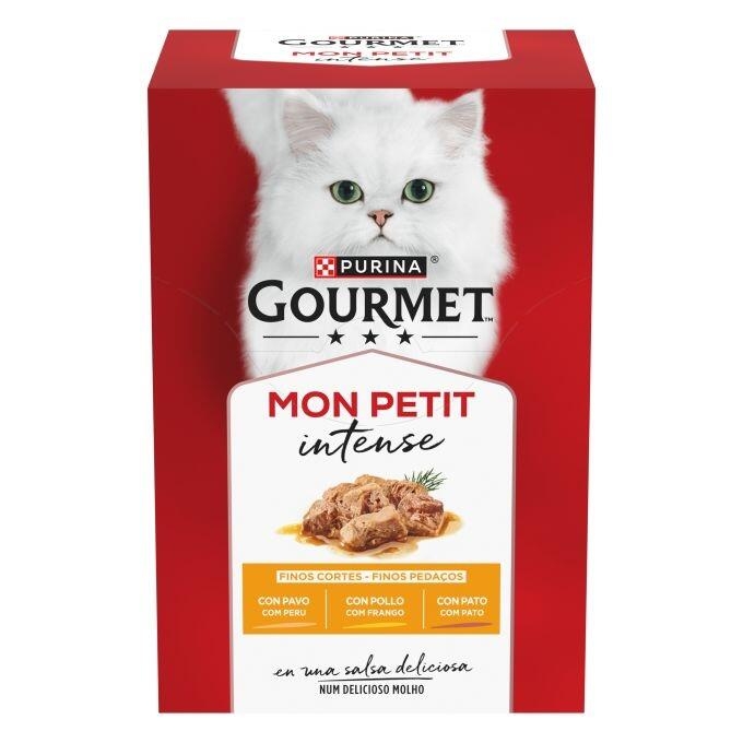 Caja Purina Gourmet Mon Petit Intense con pavo, pollo y pato en salsa deliciosa.