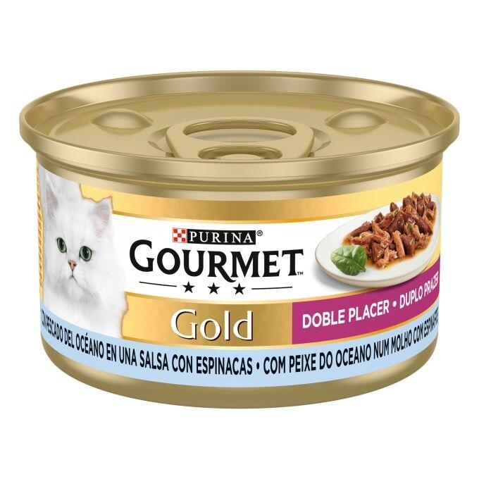 Lata Purina Gourmet Gold Doble Placer con pescado del océano y espinacas, vista lateral.