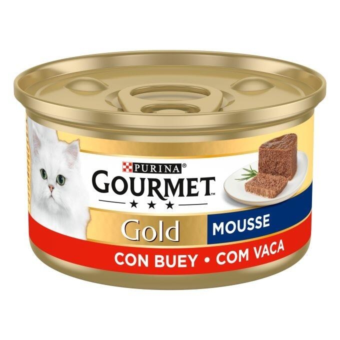 Lata Gourmet Gold Mousse con buey 85 g, vista lateral con imagen de la receta.