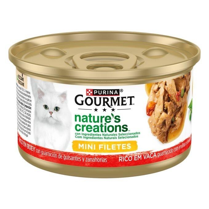 Lata Purina Gourmet Nature's Creations Mini Filetes rico en buey, vista lateral.