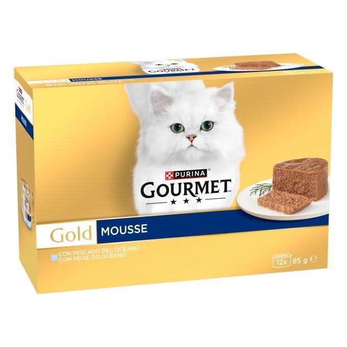 Caja Purina Gourmet Gold Mousse con pescado del océano, 12 latas de 85 g.