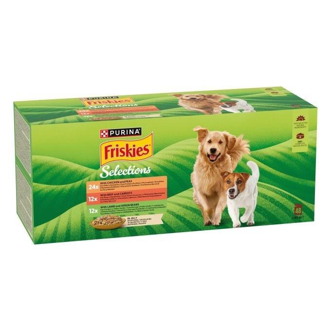 Caja Friskies Selections multipack 48 sobres con dos perros y variedades de pollo, buey y cordero.