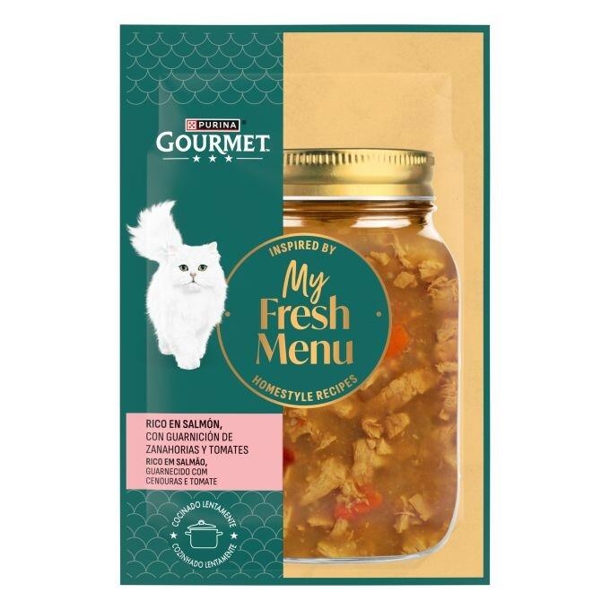 Envase Gourmet My Fresh Menu rico en salmón con zanahorias y tomates, con tarro de receta casera.