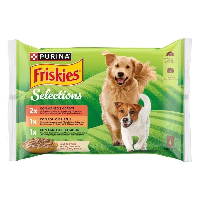 Pack Purina Friskies Selections 4 x 85 g en gelatina, con dos perros y variedades de sabores.