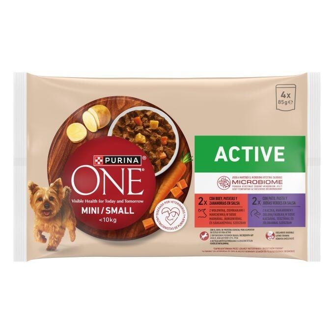 Pack Purina One Mini/Small Active 4 x 85 g con recetas de buey y pato en salsa.